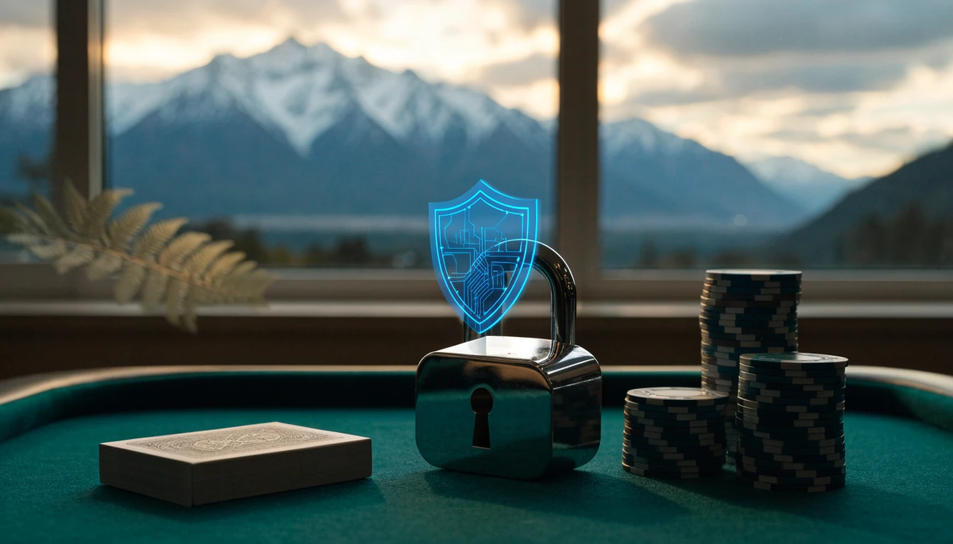 Glowing padlock and shield on casino chips with New Zealand mountain landscape behind a window.