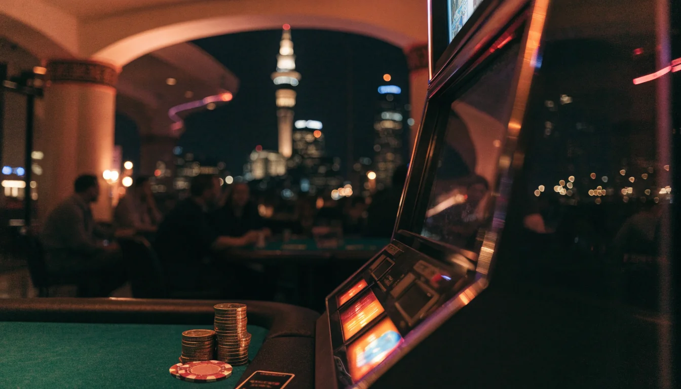 Casino slot machine with coins and chips, Auckland skyline at night