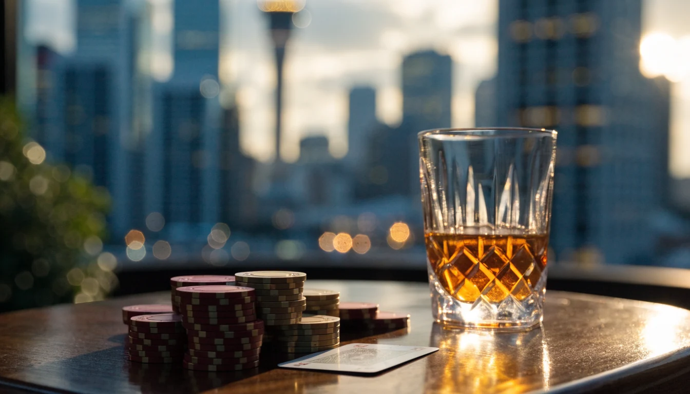 Auckland skyline at sunset with casino chips and a whisky glass on a table in the foreground