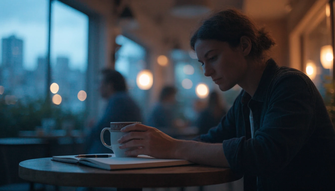 Person planning thoughtfully at a New Zealand café table at dusk