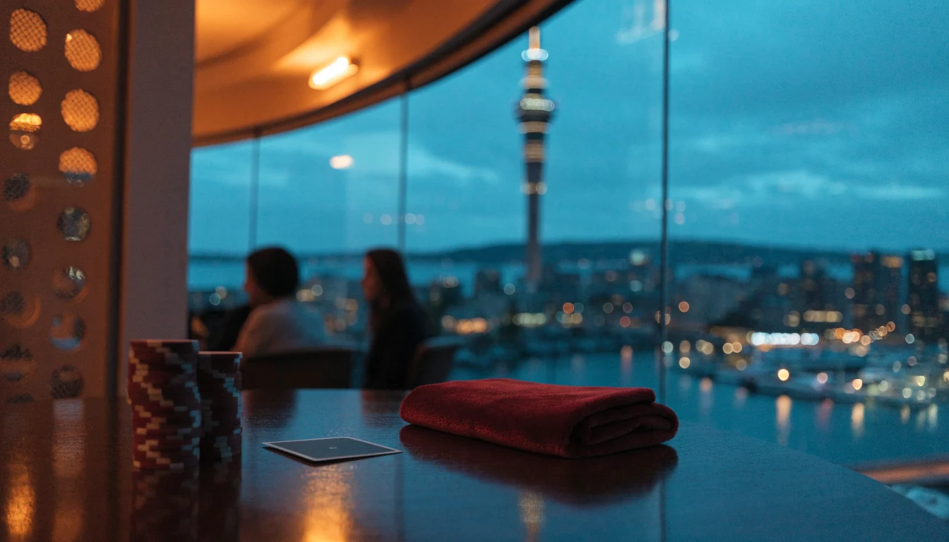 Casino chips and a card on a wooden table with Auckland Sky Tower skyline at night