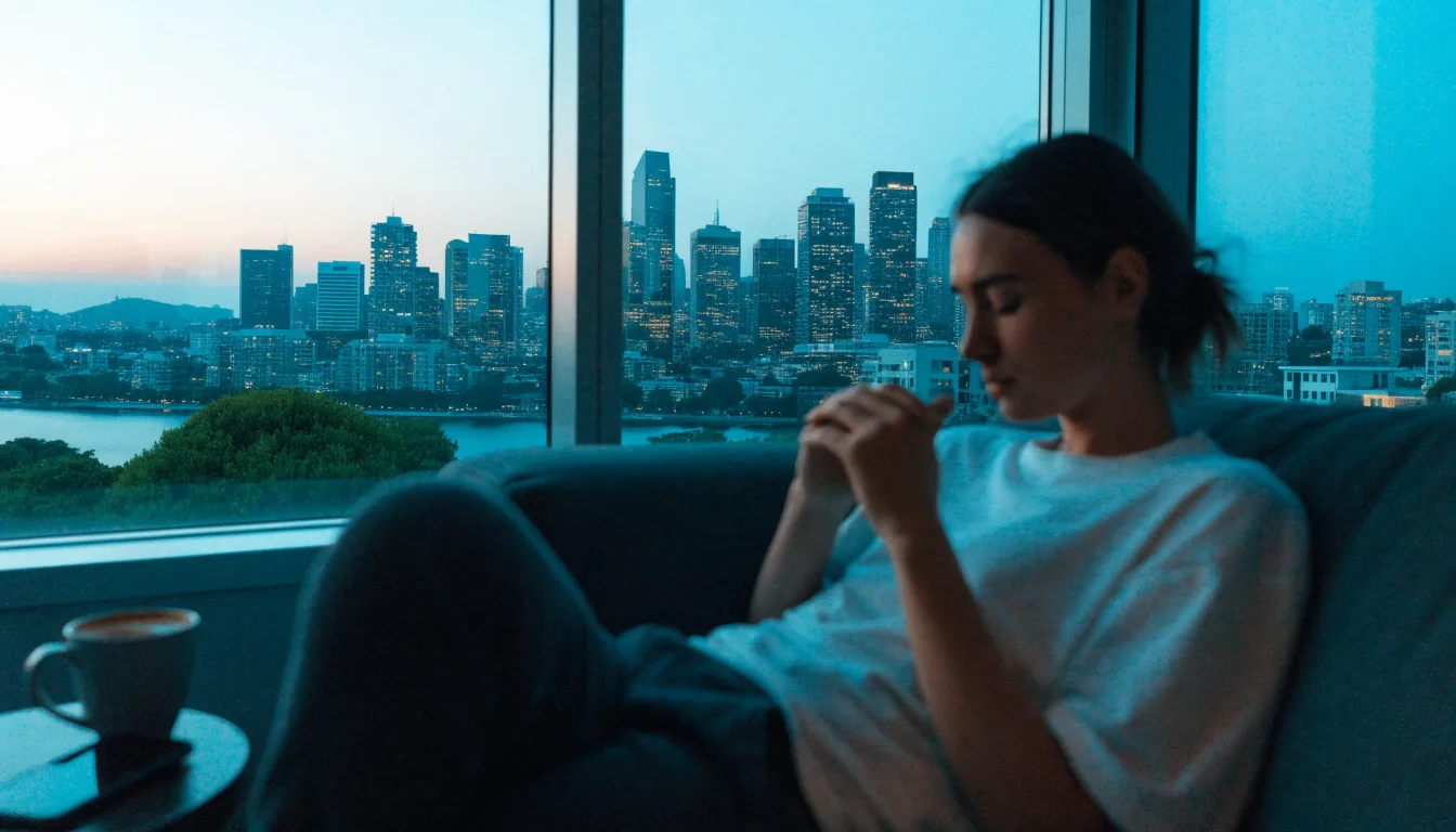 Person relaxing at home with Auckland skyline visible through window at dusk.