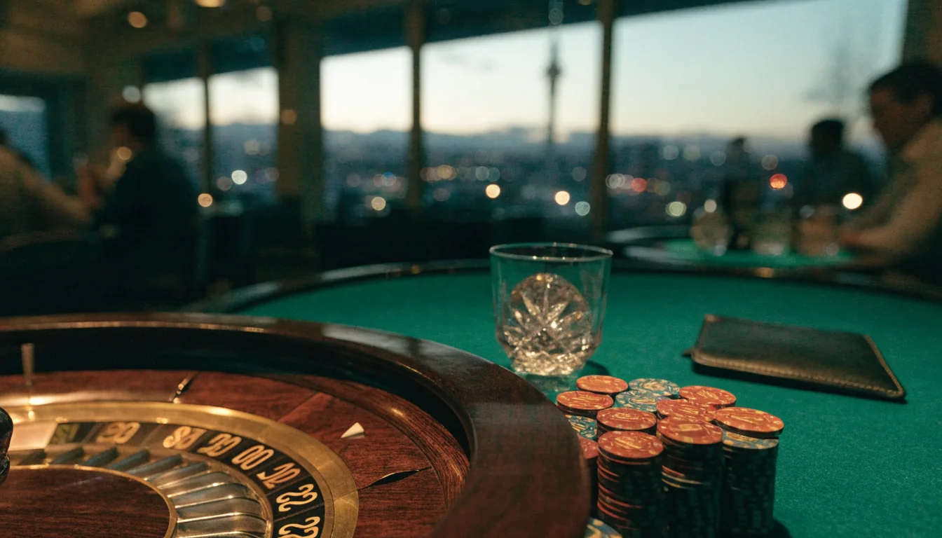 Casino chips beside a roulette table with Auckland skyline at night