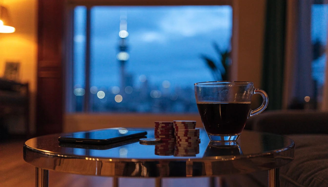 Smartphone, casino chips, and a coin on a coffee table in an Auckland apartment at dusk.