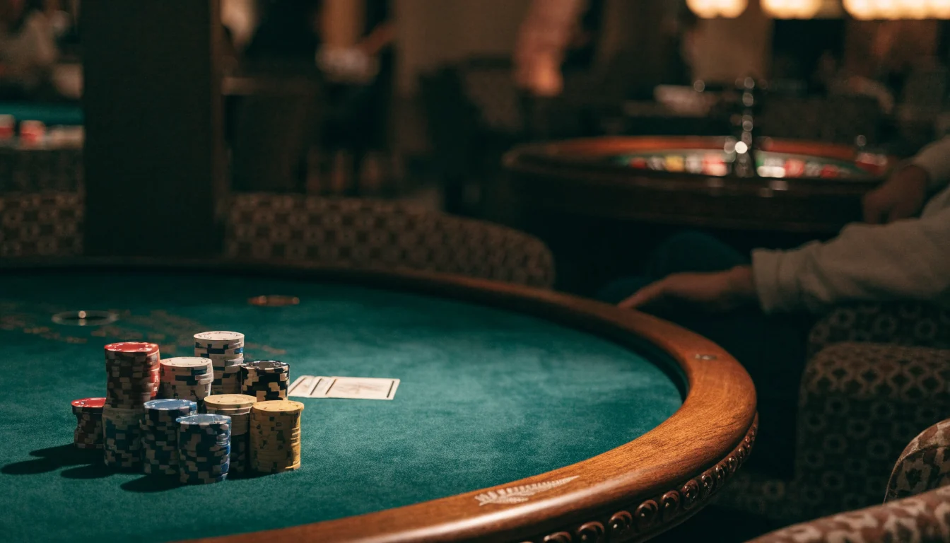 Casino table with chips and cards in a New Zealand-themed lounge