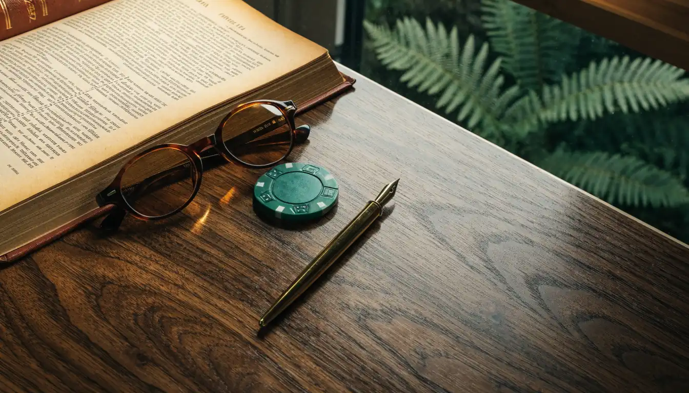 Leather legal book with casino chip and reading glasses on wooden desk, New Zealand ferns in background