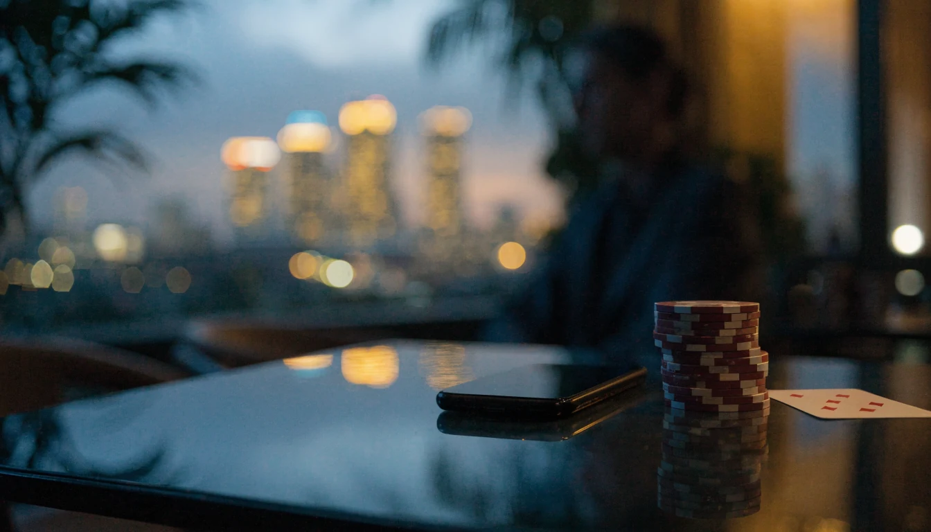 Auckland skyline at dusk with casino chips and a face-down phone on a glass table.