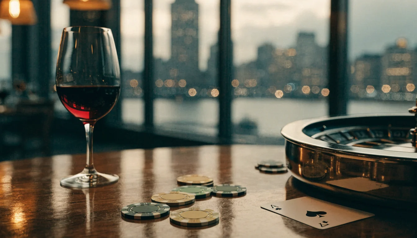 Casino chips, roulette wheel and wine on a dark table with harbor view