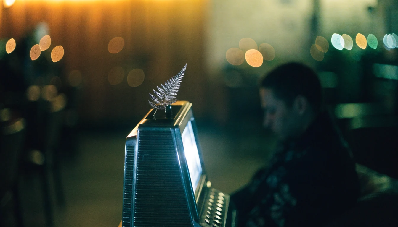 Glowing slot machine with silver fern in a dim New Zealand-themed setting