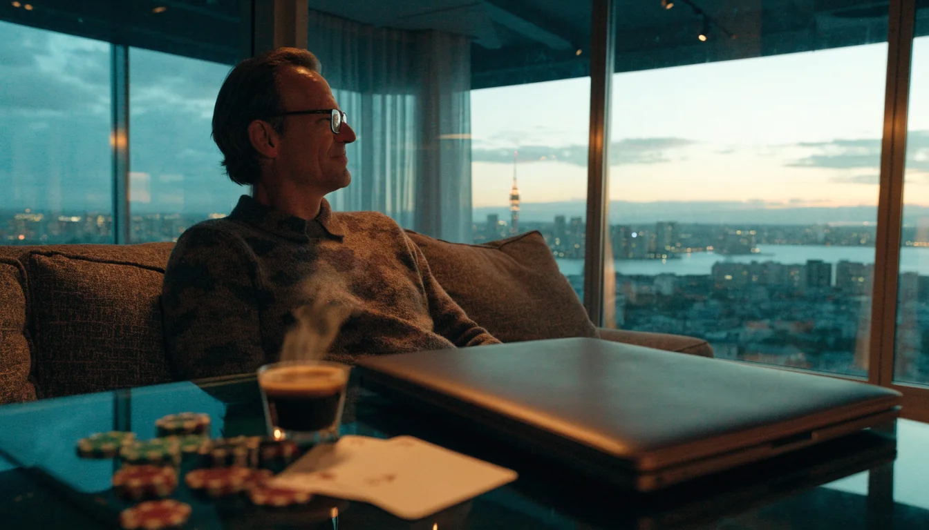 Man relaxing in Auckland apartment with Sky Tower view and casino chips on table