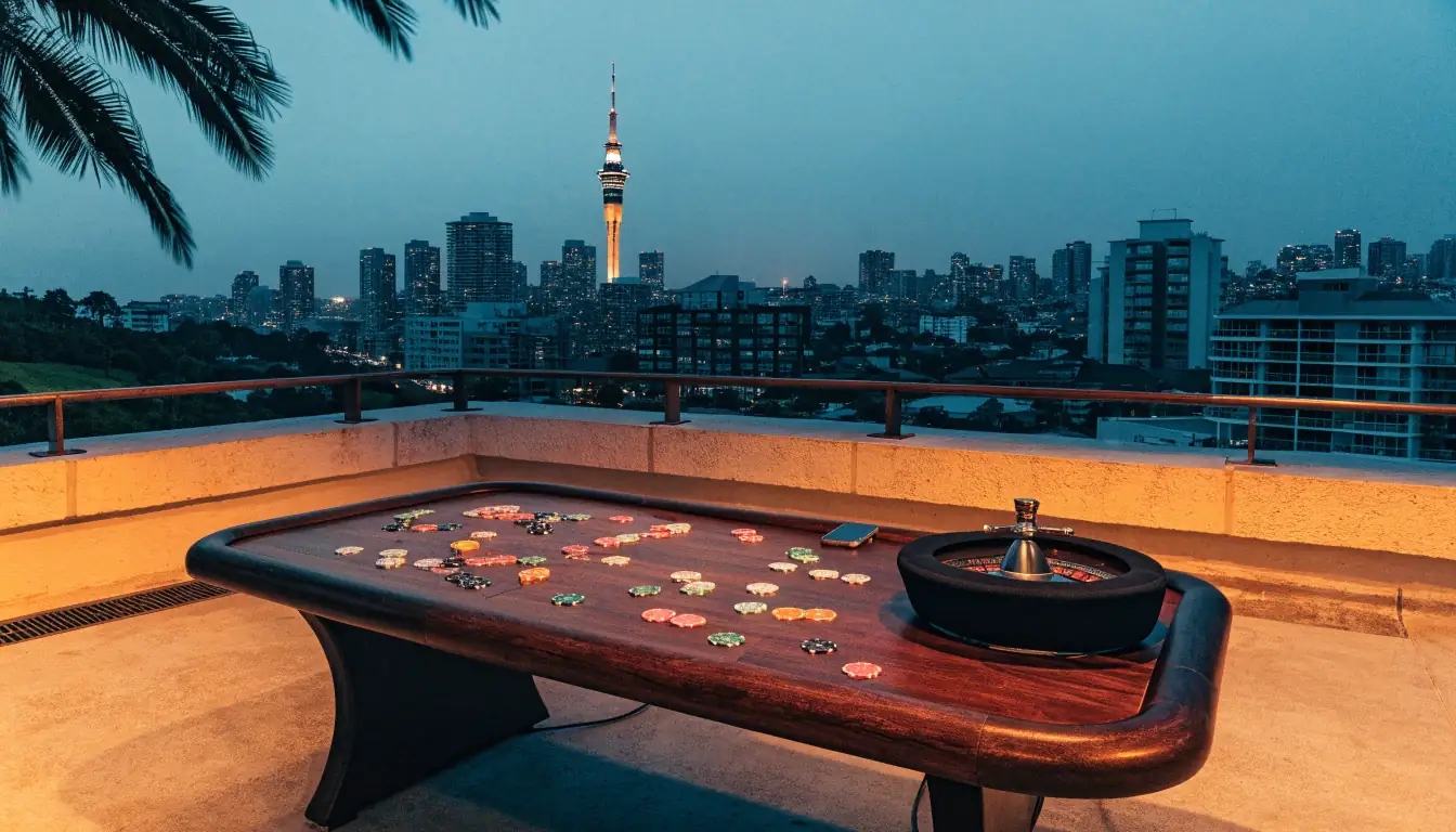 Auckland skyline at dusk with a roulette table and chips on a rooftop terrace.